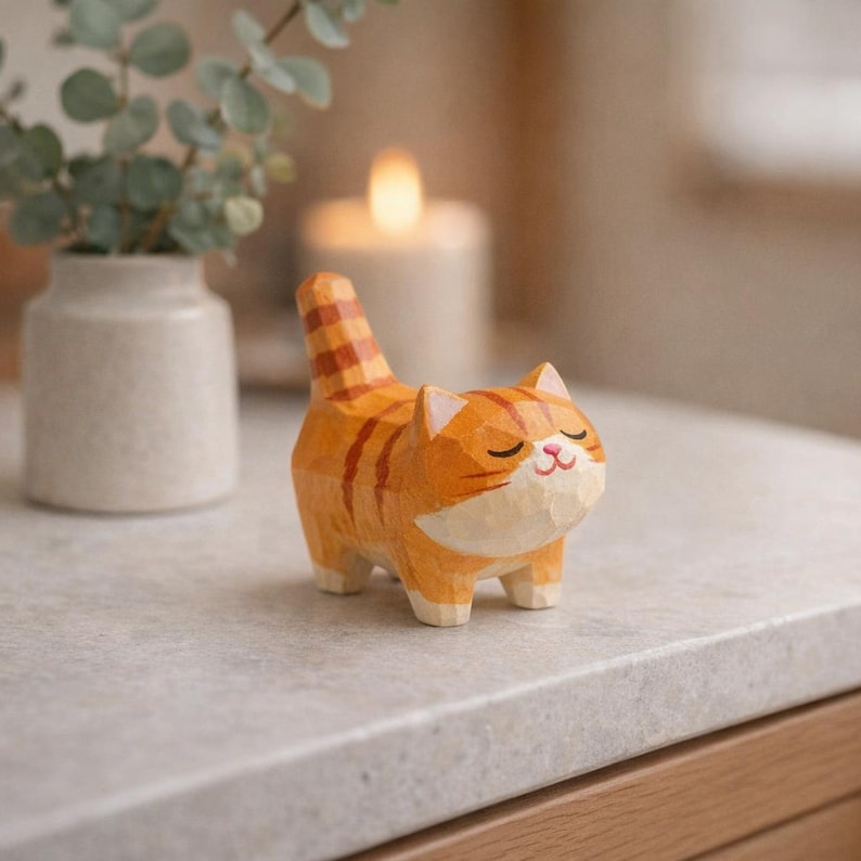 Handgeschnitzte Holzkatzenfiguren, kleines Katzendekor aus Naturholz, 4,3 cm, freistehend