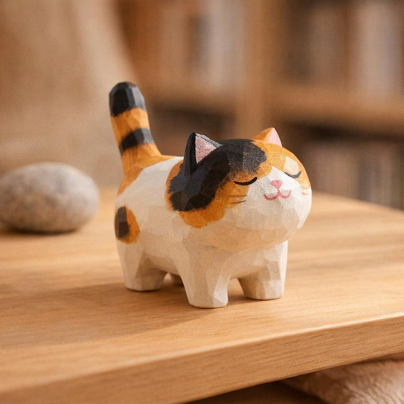 Handgeschnitzte Holzkatzenfiguren, kleines Katzendekor aus Naturholz, 4,3 cm, freistehend