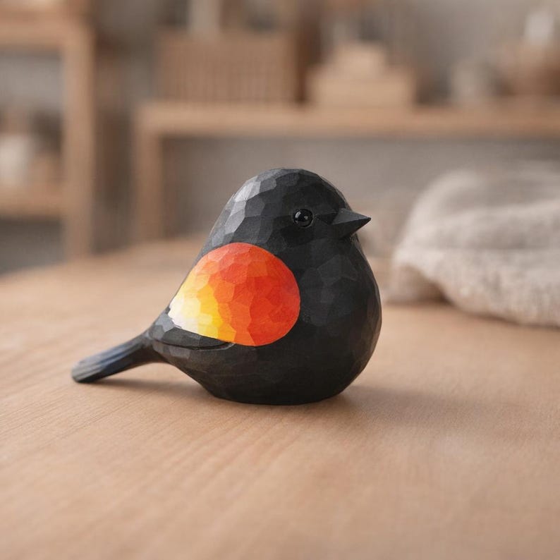 Handgefertigte Hölzerne Robin Vogel Figur - 5,5 cm x 3,5 cm x 8 cm, Naturholz, freistehende Dekoration für Schreibtisch und Regal