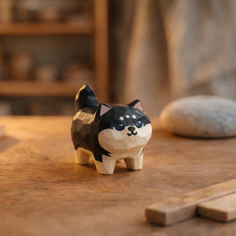 Handgefertigte Holzfigur Shiba Inu | Kleine Shiba Ornament aus Naturholz | Schreibtisch Regal Dekor