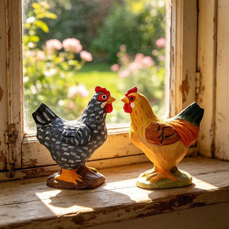 Handgeschnitzte hölzerne Huhnfigurine - Henne Dekor - Bauernhaus Cottagecore Ornament - Rustikales Tier Geschenk
