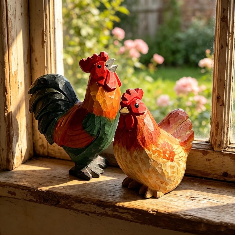 Handgeschnitzter hölzerner Hühnerhahn, Bauernhaus-Tierskulptur, rustikale Cottagecore-Wohnkultur, handbemalt
