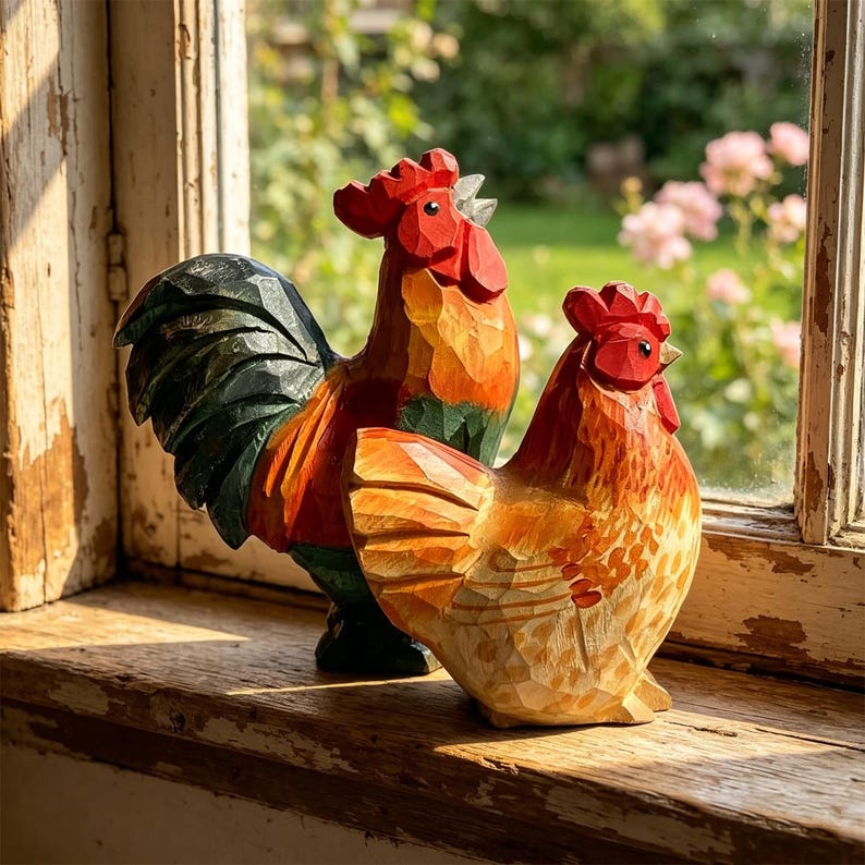 Handgeschnitzter hölzerner Hühnerhahn, Bauernhaus-Tierskulptur, rustikale Cottagecore-Wohnkultur, handbemalt