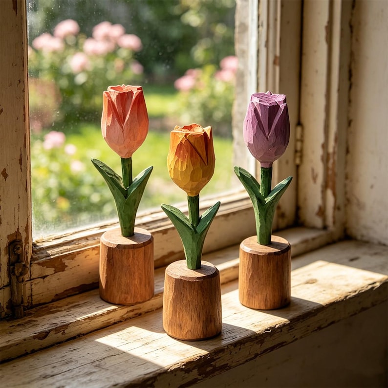 Handgeschnitzte Holztulpe, 16 cm, Schreibtischdeko, Abschlussgeschenk, für immer Blumen