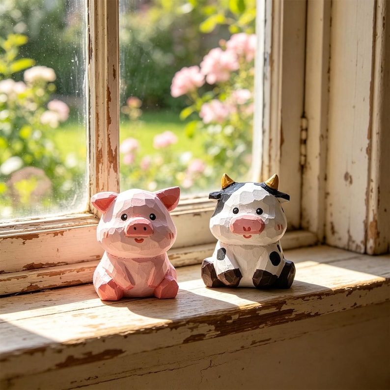 Handgeschnitzte hölzerne Bauernhoftierfiguren – Mini Kuh, Schwein, Schaf, Huhn, Pferd – Handgefertigtes Tierdekor, 4 cm