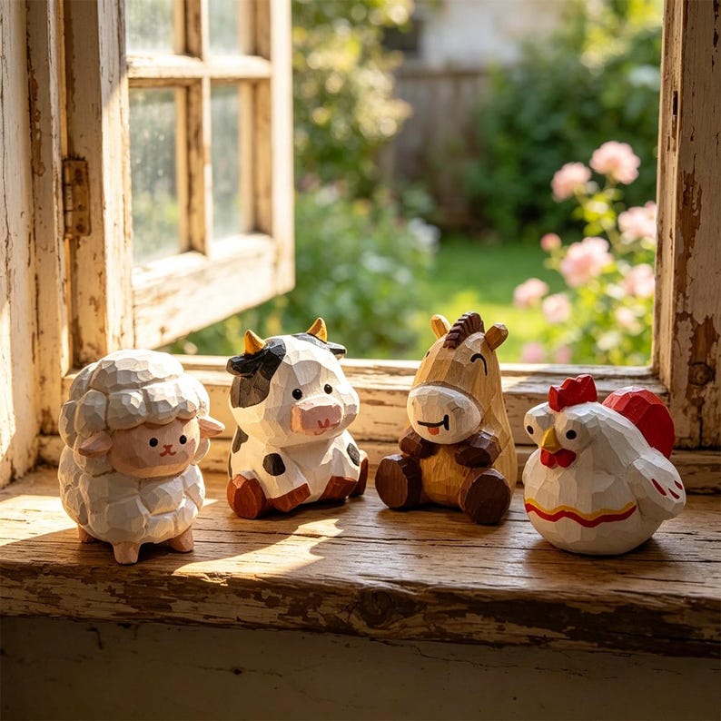 Handgeschnitzte hölzerne Bauernhoftierfiguren – Mini Kuh, Schwein, Schaf, Huhn, Pferd – Handgefertigtes Tierdekor, 4 cm