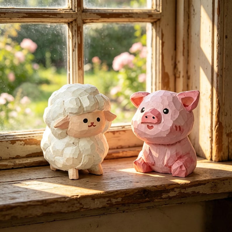 Handgeschnitzte hölzerne Bauernhoftierfiguren – Mini Kuh, Schwein, Schaf, Huhn, Pferd – Handgefertigtes Tierdekor, 4 cm