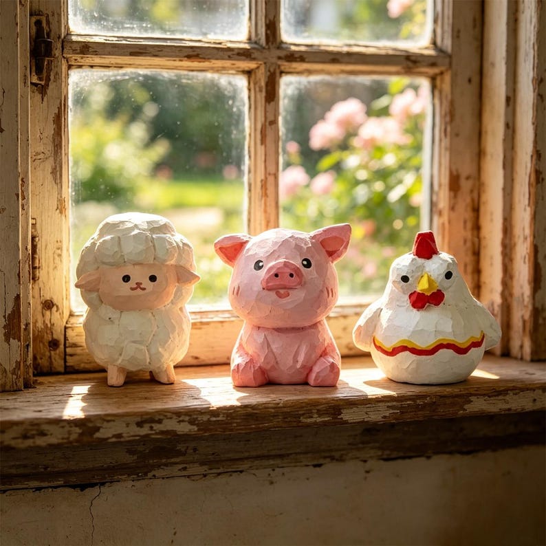 Handgeschnitzte hölzerne Bauernhoftierfiguren – Mini Kuh, Schwein, Schaf, Huhn, Pferd – Handgefertigtes Tierdekor, 4 cm