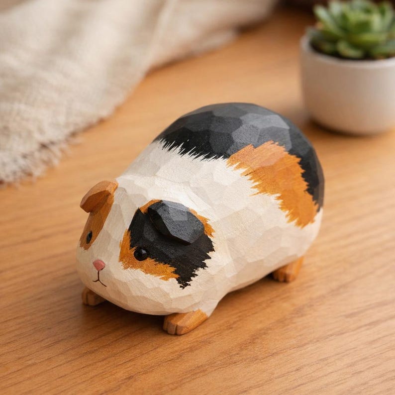Handgefertigte Holzfigurine Meerschweinchen 8,2 cm - Tierdekoration für Schreibtisch, Regal