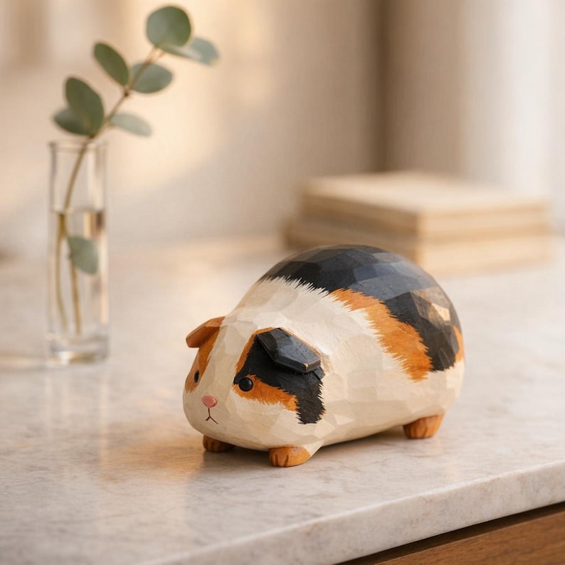 Handgefertigte Holzfigurine Meerschweinchen 8,2 cm - Tierdekoration für Schreibtisch, Regal