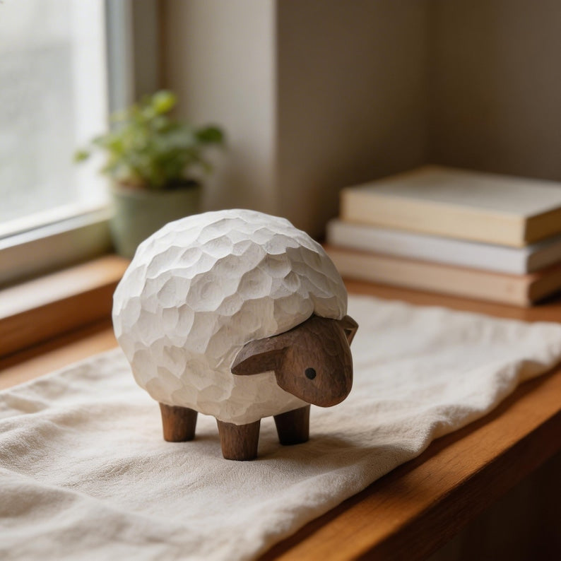 Holz Schaf Dekor Figur 7,5cm Weiß Naturbraun Bauernhaus Tier Kinderzimmer Regal Babyzimmer Rustikal Wald