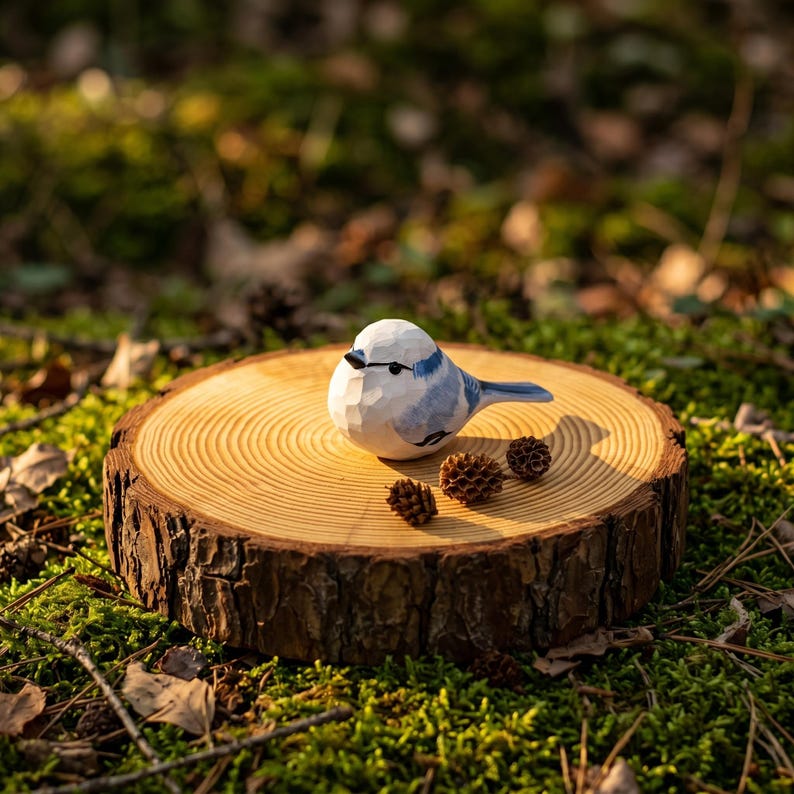 Handbemalte Blaumeise Holzfigur Low-Poly Skulptur mit Kiefernholzsockel