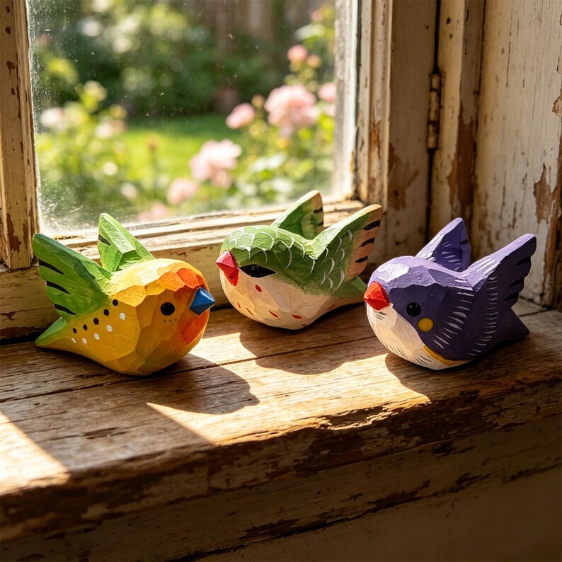 Handgeschnitzte hölzerne Vogelskulptur, buntes Tierornament, Cottagecore, 5 cm