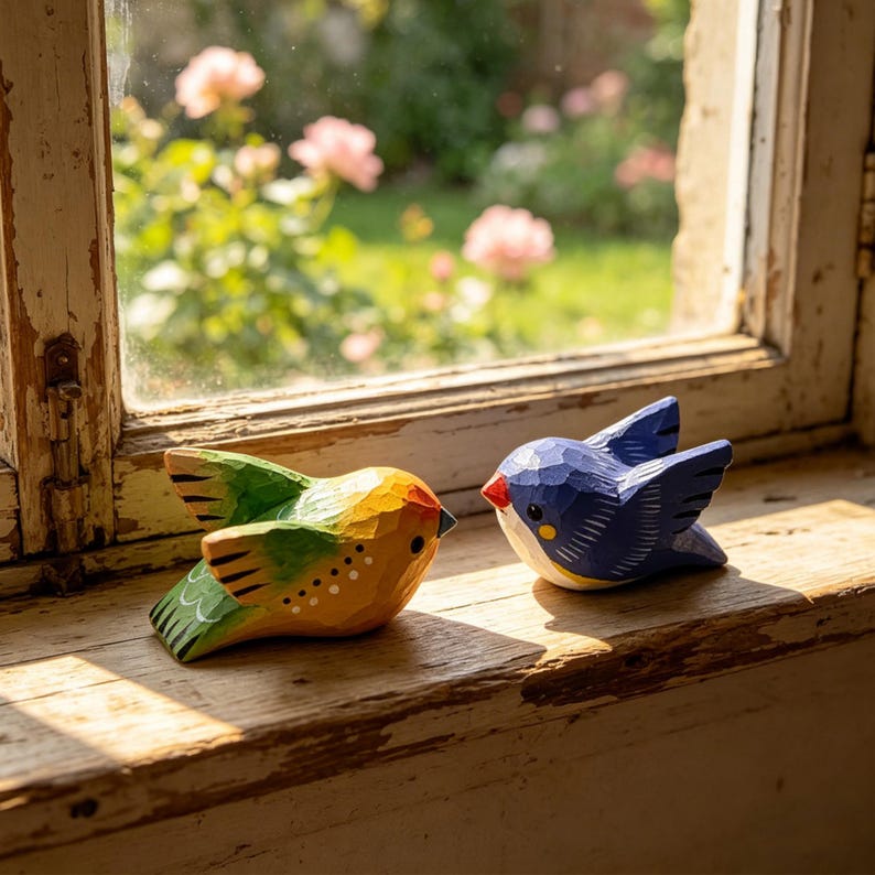 Handgeschnitzte hölzerne Vogelskulptur, buntes Tierornament, Cottagecore, 5 cm