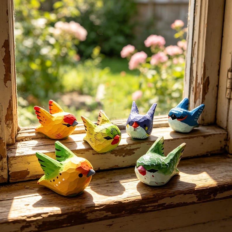 Handgeschnitzte hölzerne Vogelskulptur, buntes Tierornament, Cottagecore, 5 cm
