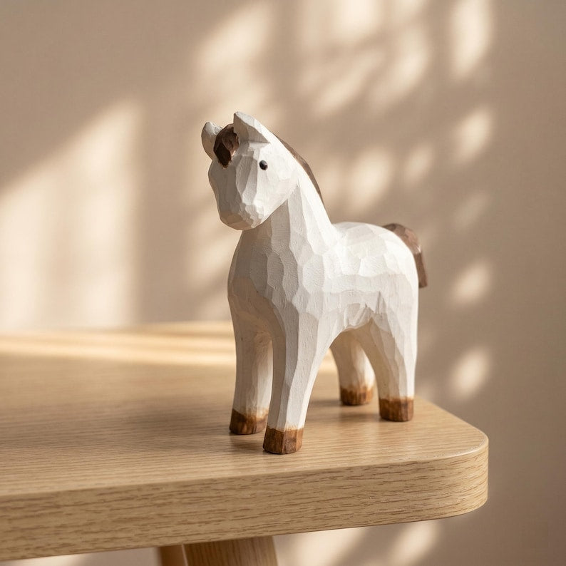 Weißes Pferd Holzfigur, Kopf Up Pose, Handgeschnitzte Low-Poly Schreibtischskulptur, Naturholz mit Weißem Finish