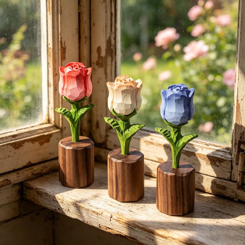 Handgeschnitzte Holz-Rosenskulptur, handbemalt, 11 cm, für Dekoration und Geschenk