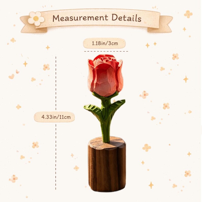Handgeschnitzte Holz-Rosenskulptur, handbemalt, 11 cm, für Dekoration und Geschenk