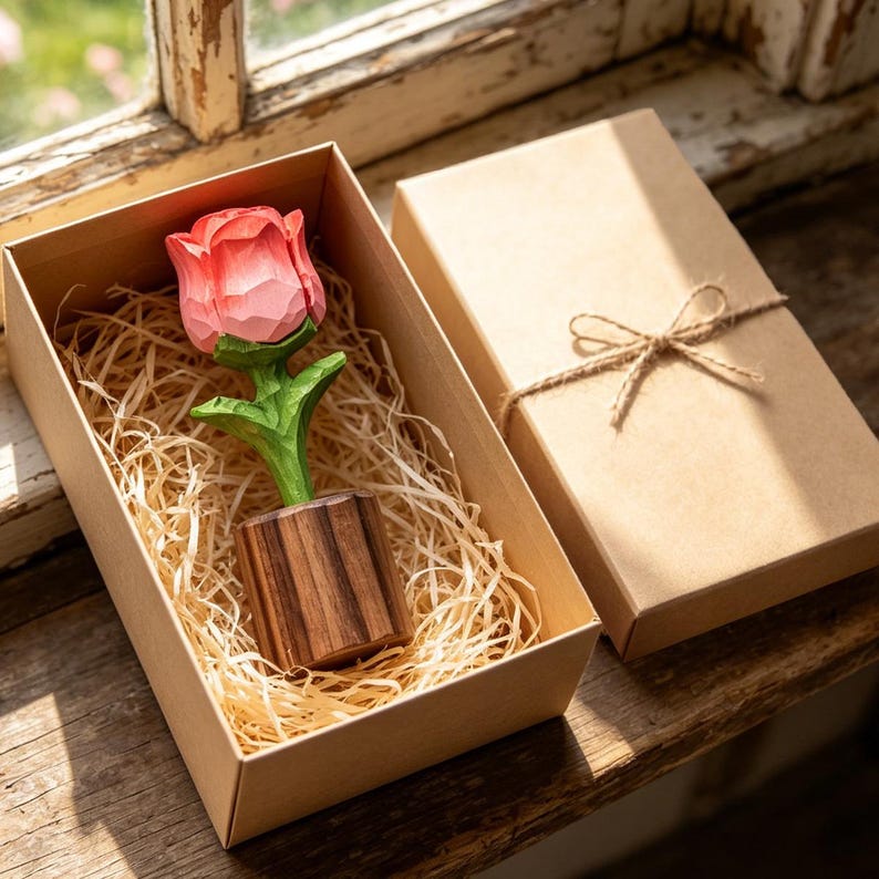Handgeschnitzte Holz-Rosenskulptur, handbemalt, 11 cm, für Dekoration und Geschenk