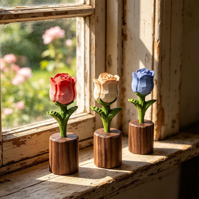 Handgeschnitzte Holz-Rosenskulptur, handbemalt, 11 cm, für Dekoration und Geschenk