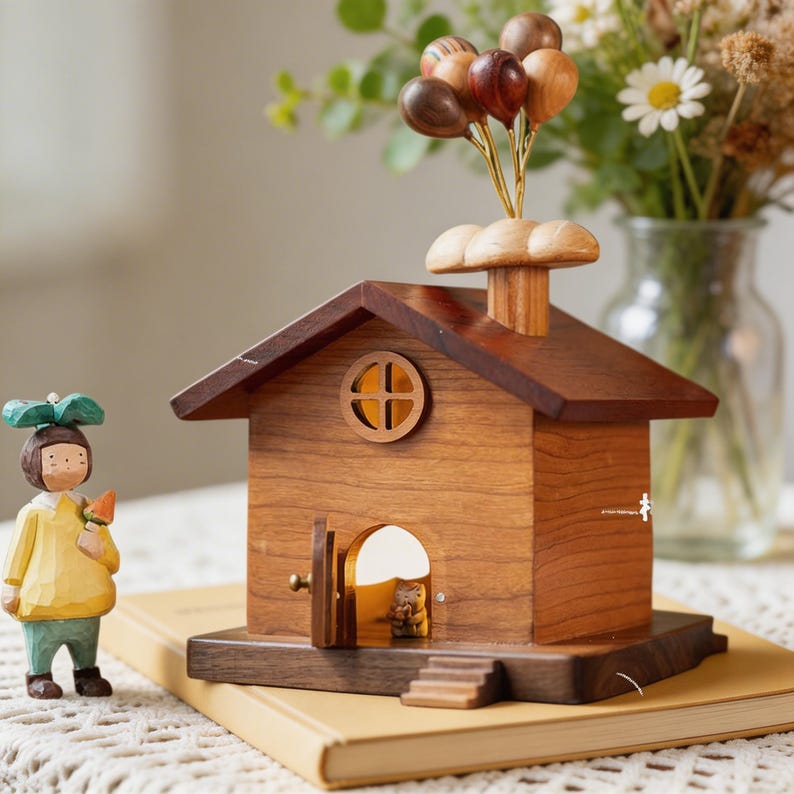 Handgefertigtes Holzhaus Dekor, Cottage Haus Figur, Feenhaus Ornament, 30,5 cm, Cottagecore Schreibtisch Dekor