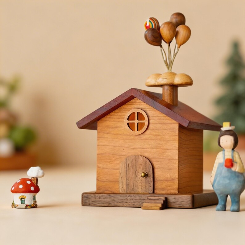 Handgefertigtes Holzhaus Dekor, Cottage Haus Figur, Feenhaus Ornament, 30,5 cm, Cottagecore Schreibtisch Dekor
