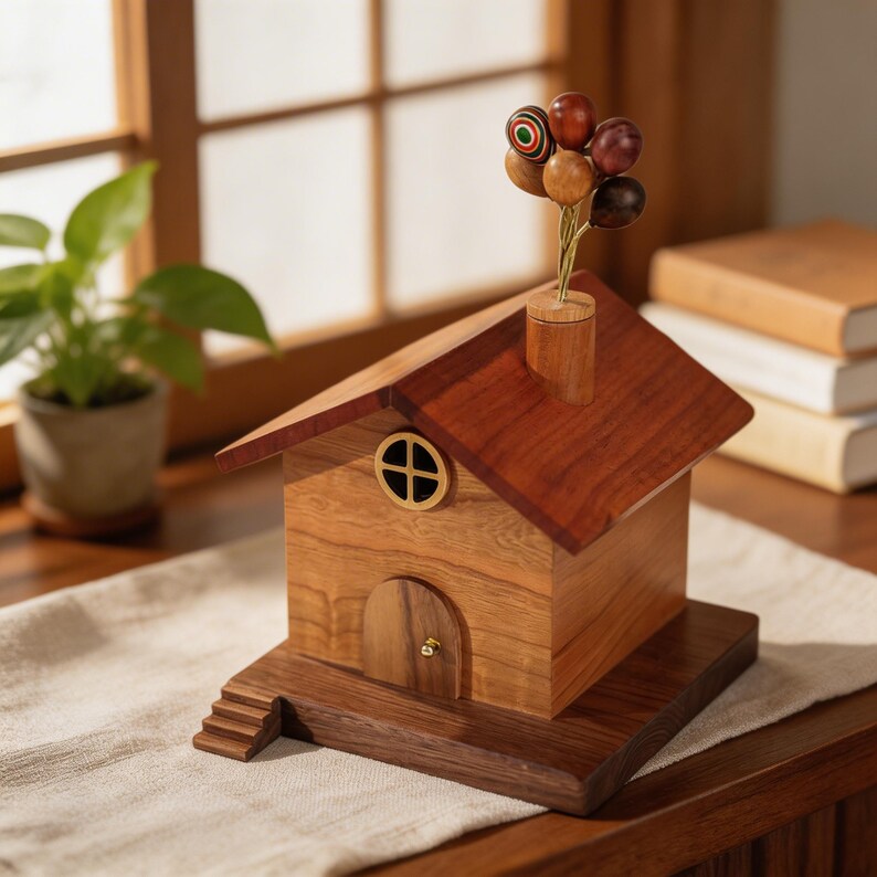 Handgefertigtes Holzhaus Dekor, Cottage Haus Figur, Feenhaus Ornament, 30,5 cm, Cottagecore Schreibtisch Dekor