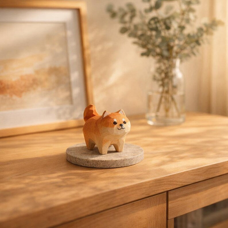 Handgefertigte Holzfigur Shiba Inu | Kleine Shiba Ornament aus Naturholz | Schreibtisch Regal Dekor