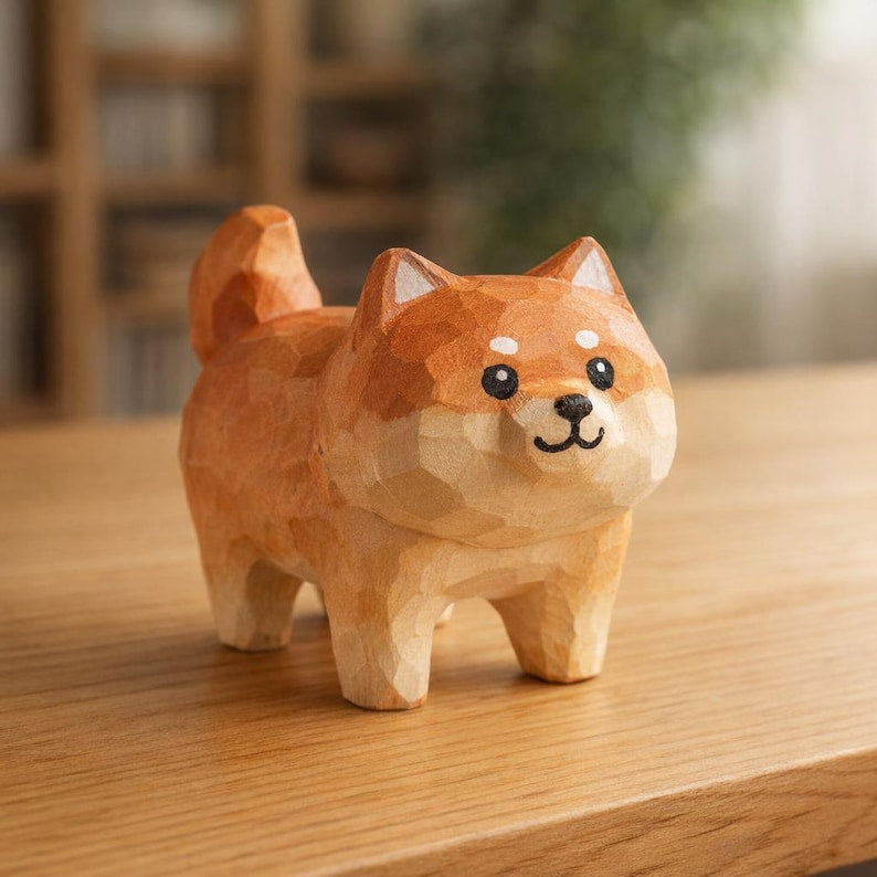 Handgefertigte Holzfigur Shiba Inu | Kleine Shiba Ornament aus Naturholz | Schreibtisch Regal Dekor