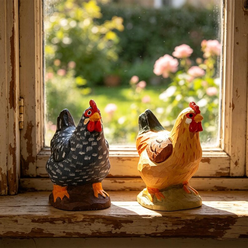 Handgeschnitzte hölzerne Huhnfigurine - Henne Dekor - Bauernhaus Cottagecore Ornament - Rustikales Tier Geschenk