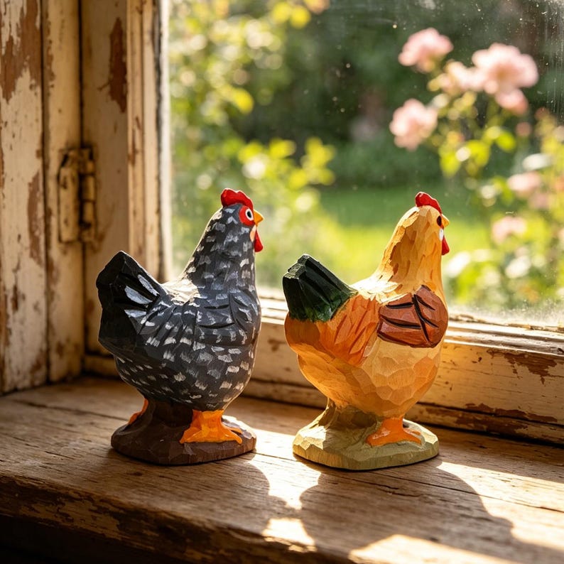 Handgeschnitzte hölzerne Huhnfigurine - Henne Dekor - Bauernhaus Cottagecore Ornament - Rustikales Tier Geschenk