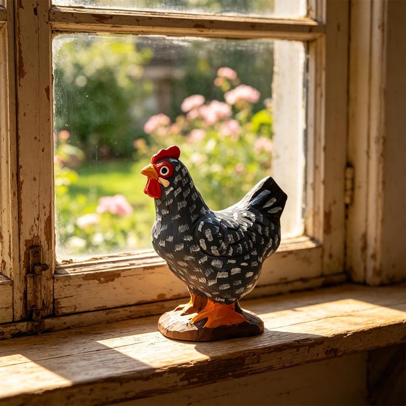 Handgeschnitzte hölzerne Huhnfigurine - Henne Dekor - Bauernhaus Cottagecore Ornament - Rustikales Tier Geschenk