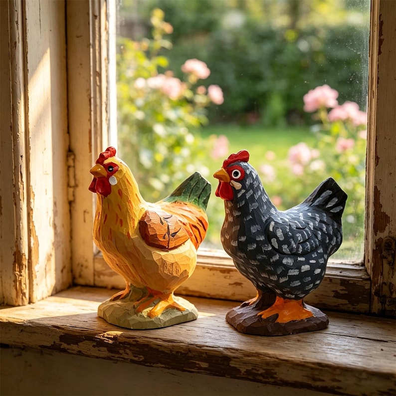 Handgeschnitzte hölzerne Huhnfigurine - Henne Dekor - Bauernhaus Cottagecore Ornament - Rustikales Tier Geschenk