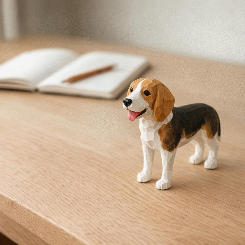 Handgefertigte Holzfigur Beagle | Hund aus Holz Ornament | Schreibtisch Dekor