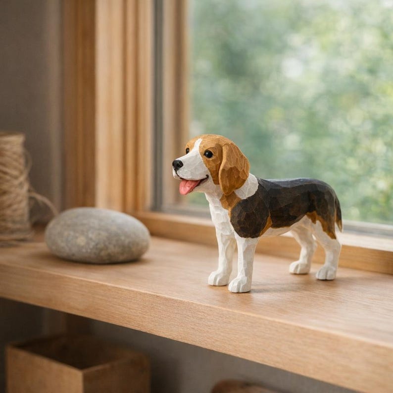 Handgefertigte Holzfigur Beagle | Hund aus Holz Ornament | Schreibtisch Dekor