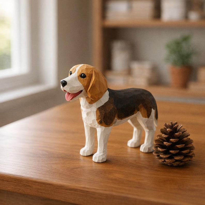 Handgefertigte Holzfigur Beagle | Hund aus Holz Ornament | Schreibtisch Dekor