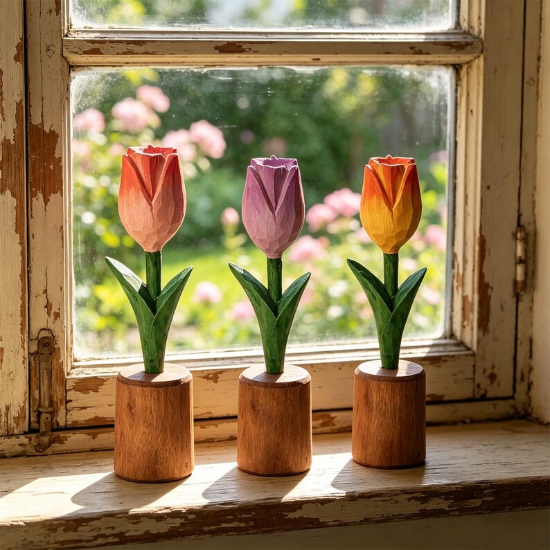 Handgeschnitzte Holztulpe, 16 cm, Schreibtischdeko, Abschlussgeschenk, für immer Blumen
