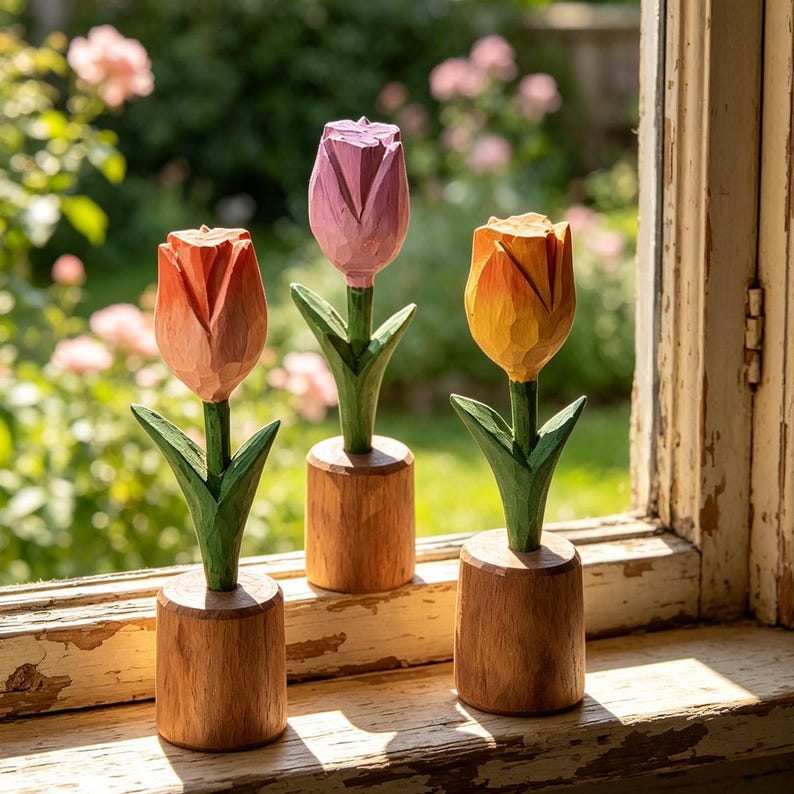 Handgeschnitzte Holztulpe, 16 cm, Schreibtischdeko, Abschlussgeschenk, für immer Blumen
