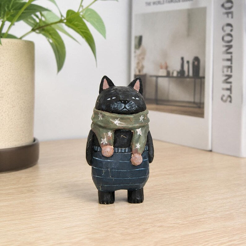 Handgeschnitzte hölzerne Katzenfigur Miniatur Schreibtischdekor