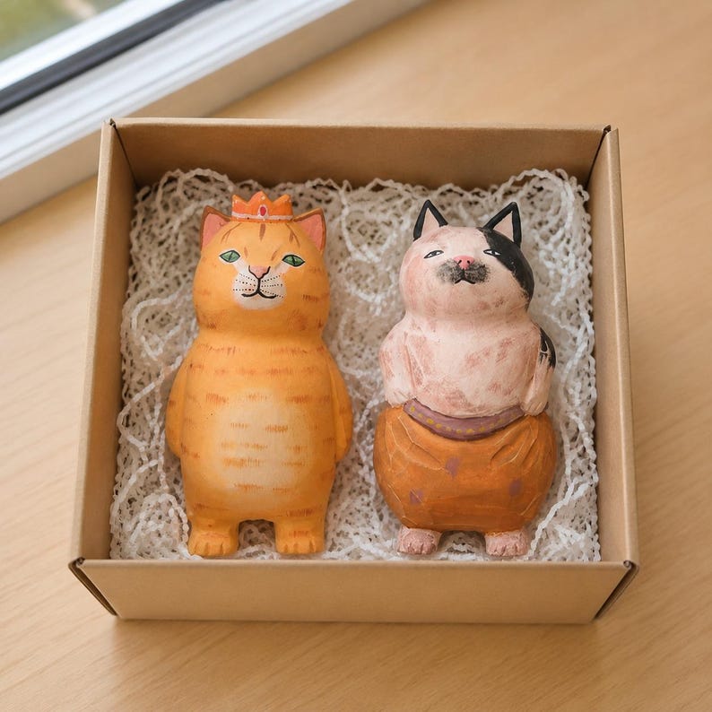 Handgeschnitzte hölzerne Katzenfigur Miniatur Schreibtischdekor
