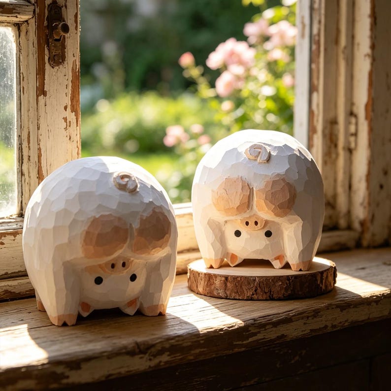 Handgeschnitzte hölzerne Schweinfigur | Rustikaler Bauernhof Ornament | Cottagecore Dekor