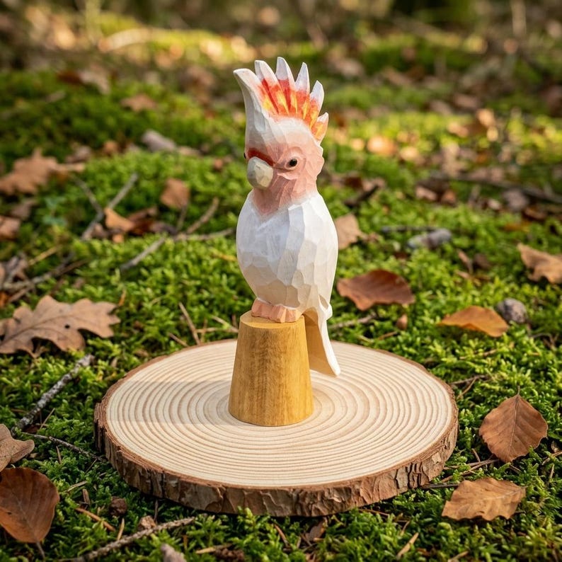 Handgeschnitzte Holzkakadufigur – Rosa Vogelstatue aus Holz für Schreibtischdekoration
