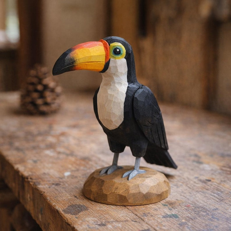 Handgefertigte Holzfigur Tukan – tropischer Schreibtisch-Dekor Akzent, 12 cm