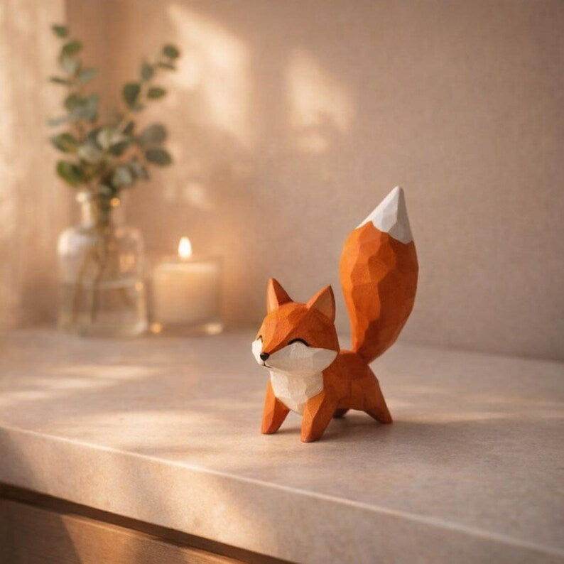 Handgefertigte Holzfigur Fuchs, 11 cm, Waldtier Dekor, Regal Dekor, Geschenk für Naturliebhaber