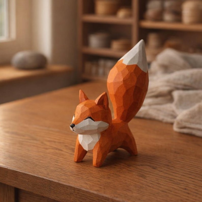 Handgefertigte Holzfigur Fuchs, 11 cm, Waldtier Dekor, Regal Dekor, Geschenk für Naturliebhaber