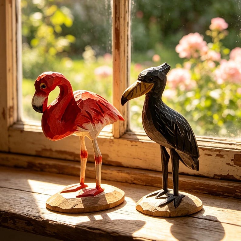 Handgeschnitzte hölzerne Vogelfiguren, tropische Wildtierskulptur, rustikale Walddekoration