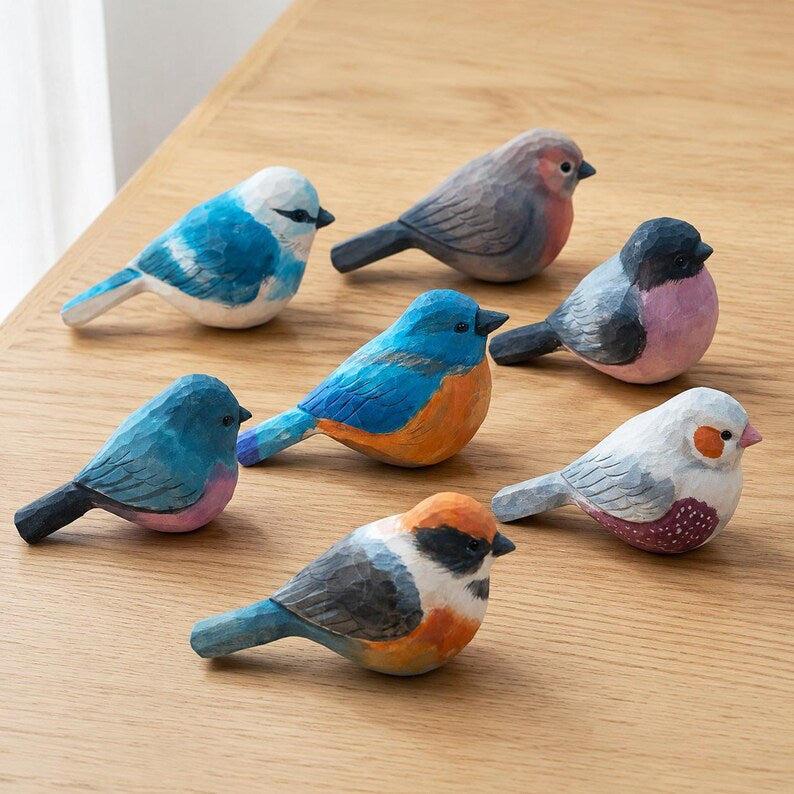 Handgeschnitzter hölzerner Vogel – Bunte Schreibtischdekoration