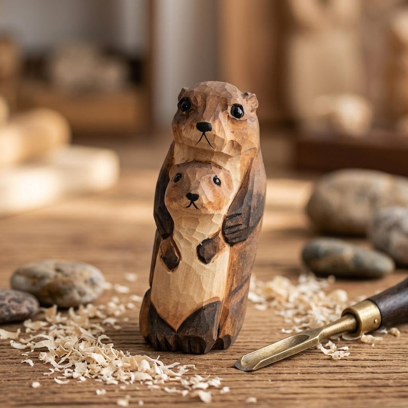 Handgeschnitzte hölzerne Otter-Mutter und Baby-Figur, Waldland-Kinderzimmerdekor