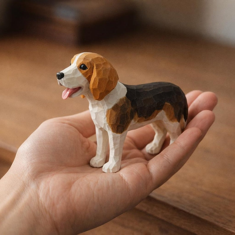 Handgefertigte Holzfigur Beagle | Hund aus Holz Ornament | Schreibtisch Dekor