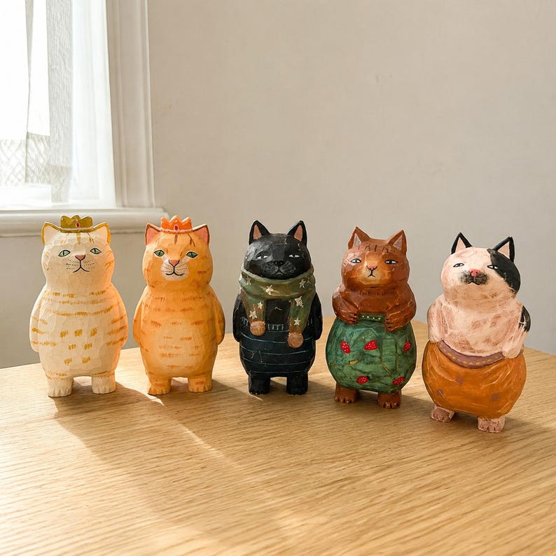 Handgeschnitzte hölzerne Katzenfigur Miniatur Schreibtischdekor